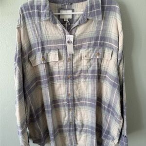 American Eagle Outfitters Lavender and Cream Plaid Button-Up